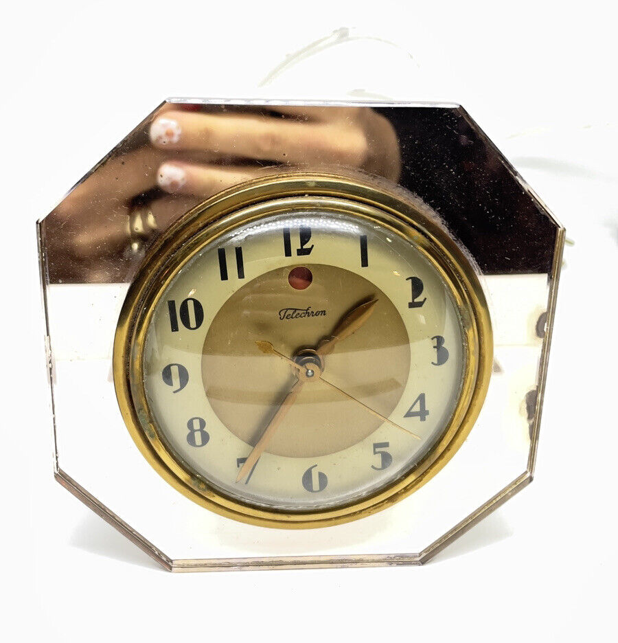 Beautiful Art Deco TELECHRON 3F65 Rose Gold Tone Brass Mirror Glass Clock