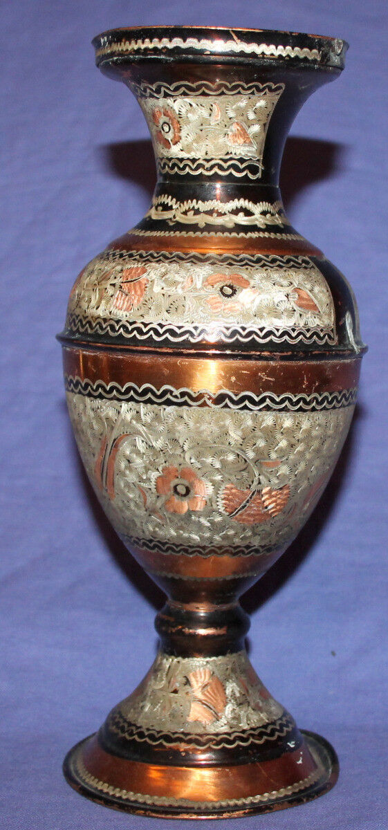 Vintage floral engraved copper vase