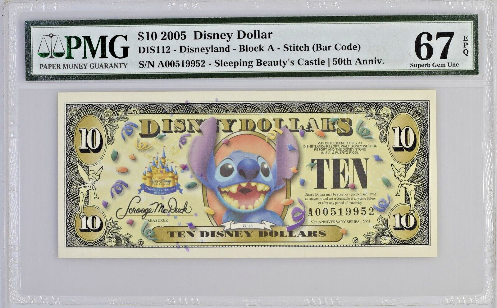 2005 Disney Dollar $10 Disneyland Block A Stitch (Bar Code) PMG 67