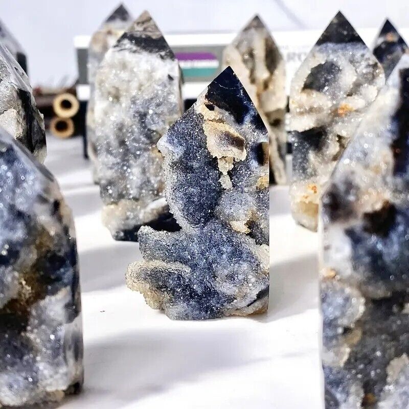 Natural Black Sphalerite Drusy Geode Healing Crystal Tower Point Obelisk Decor
