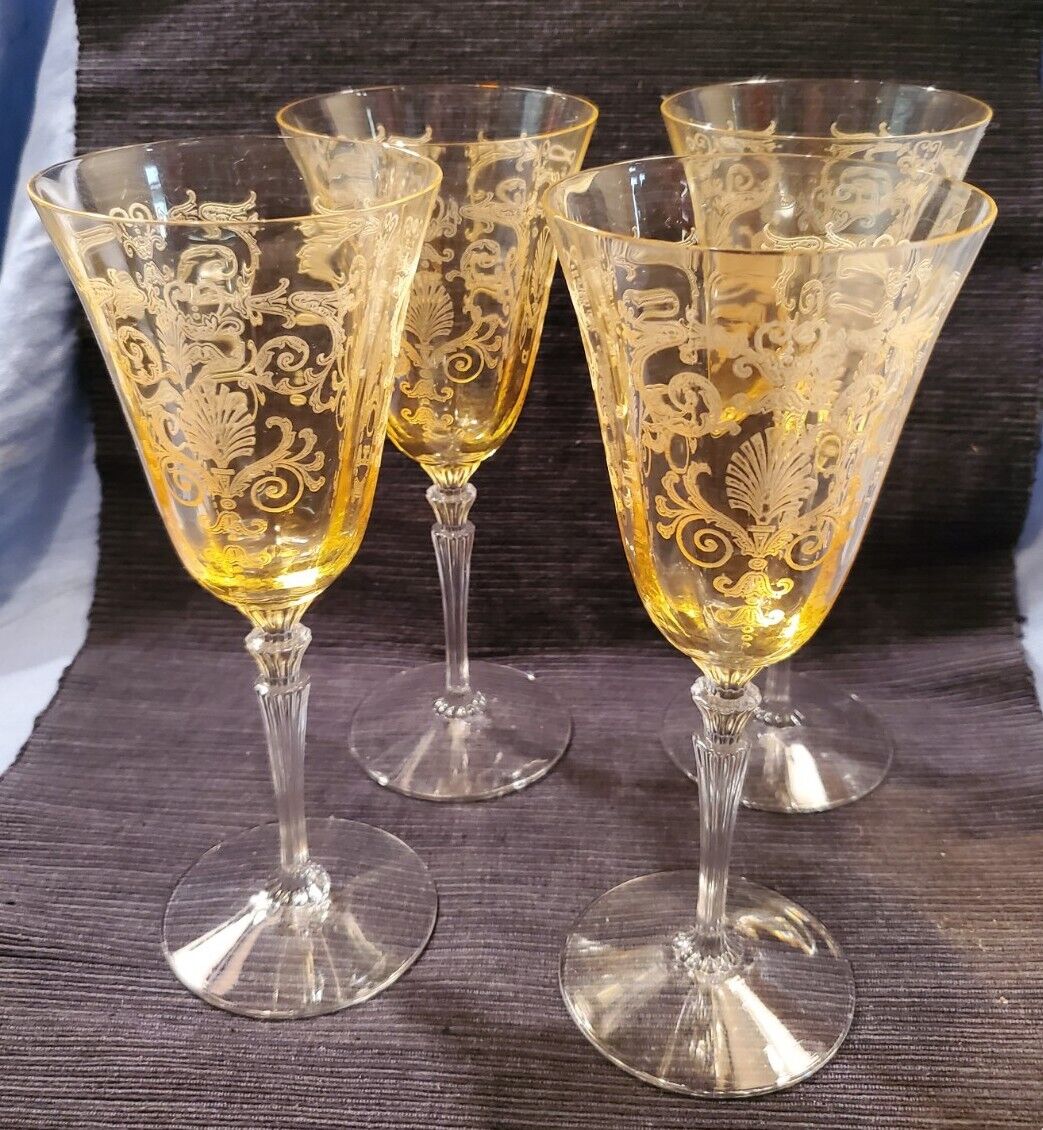 Set of 4 Fostoria Versalies Topaz Glass Elegant Yellow Wine Water Glasses 