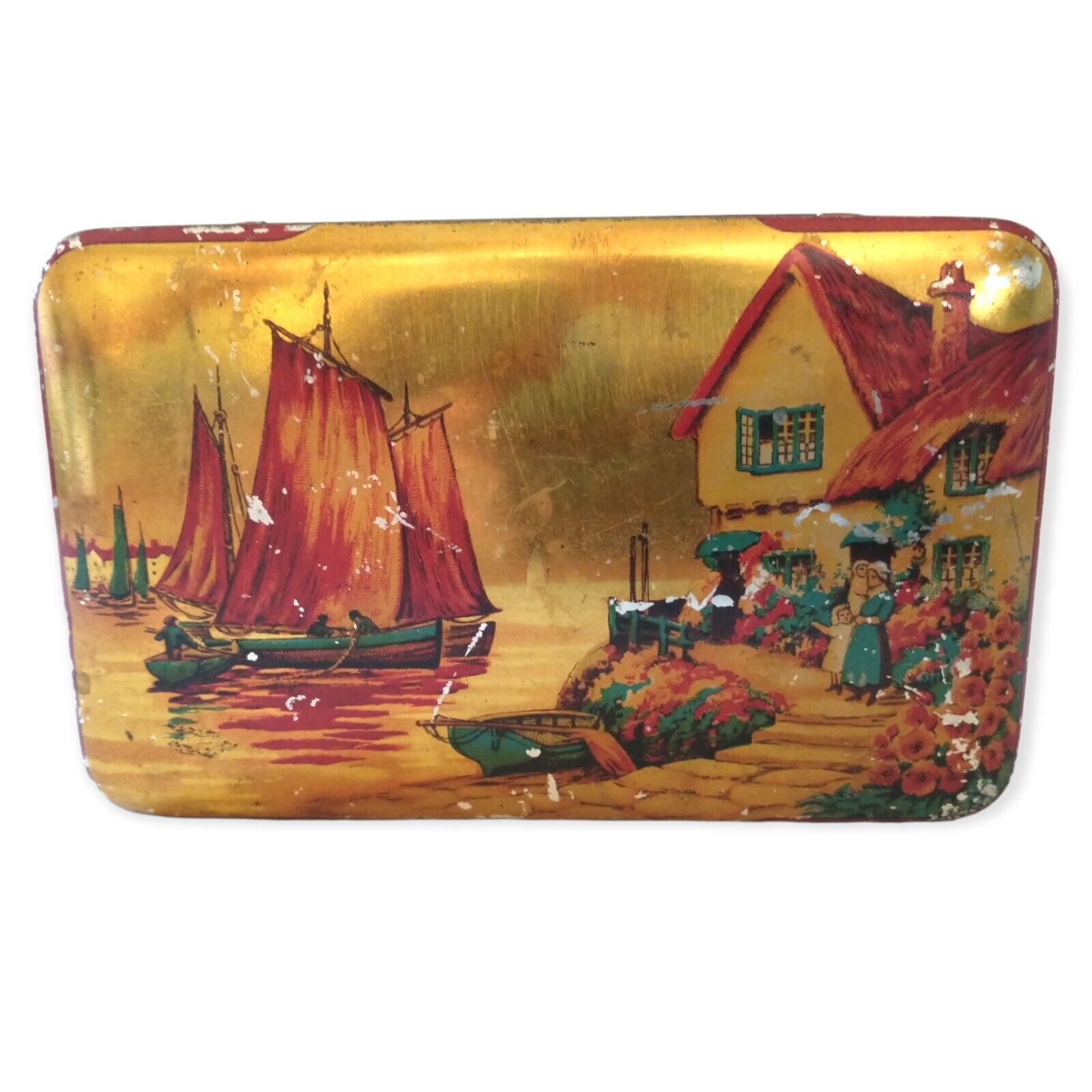 Vintage Harry Vincent Bluebird Toffee Candy Tin English Boat Village Hinged Red