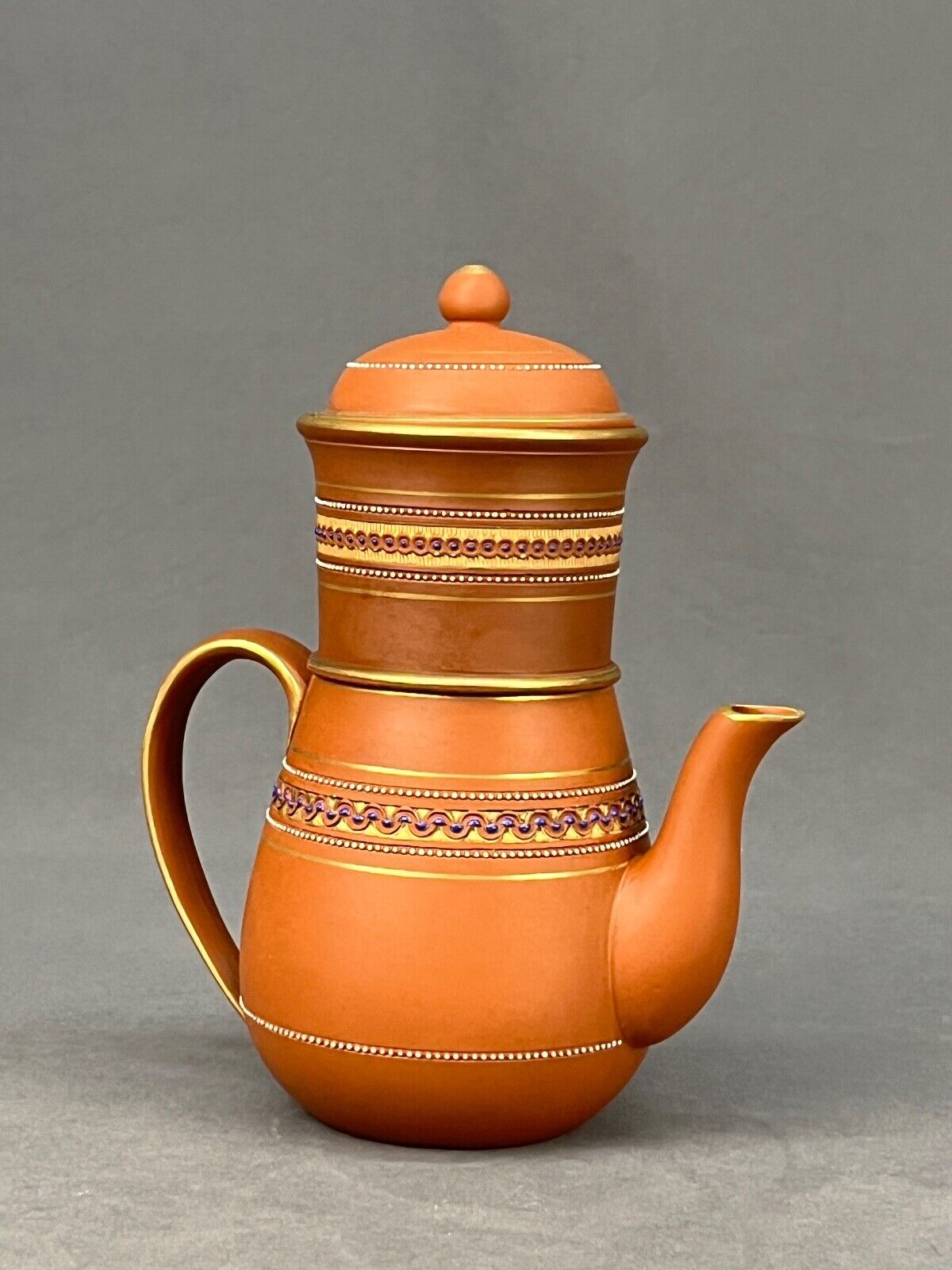 Antique F&R Pratt Co Prattware CHAINED Cobalt Terracotta Teapot w/Strainer 1860