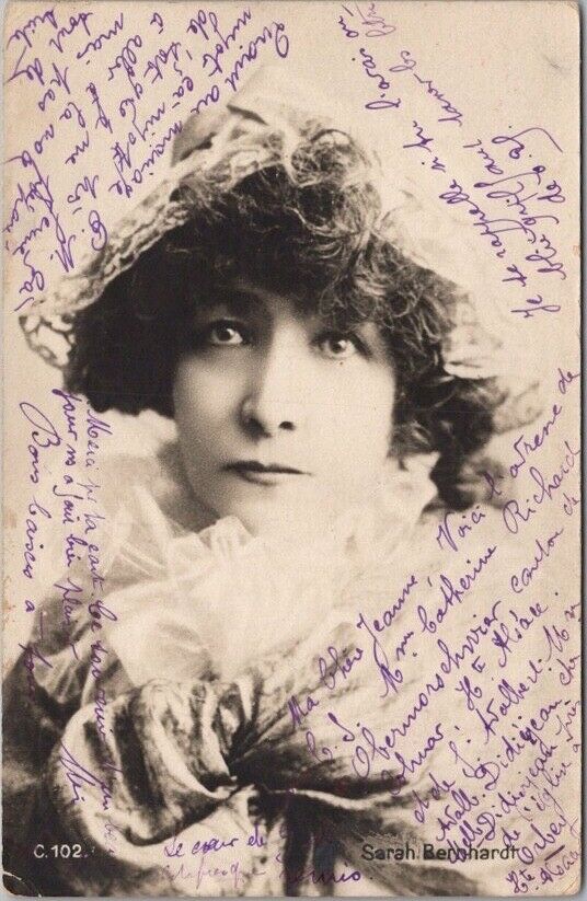 1904 Actress SARAH BERNHARDT Real Photo RPPC Postcard Close-Up *Writing on Front