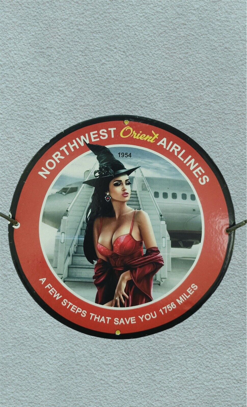 RARE NORTHWEST ORIENT AIRLINES PINUP GIRL PORCELAIN GAS OIL AVIATION PUMP SIGN