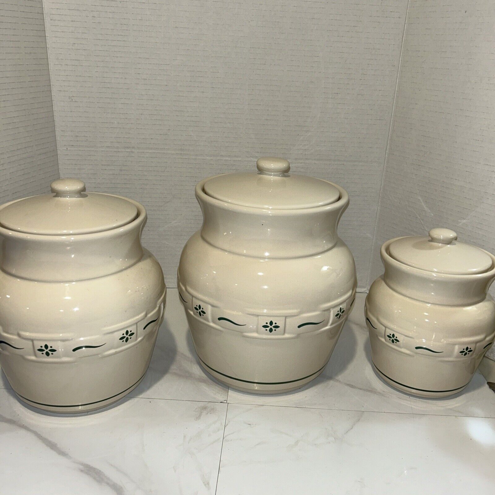 Vtg. Set Of 3 Longaberger Cottage Style Canisters Classic White,Forest Green