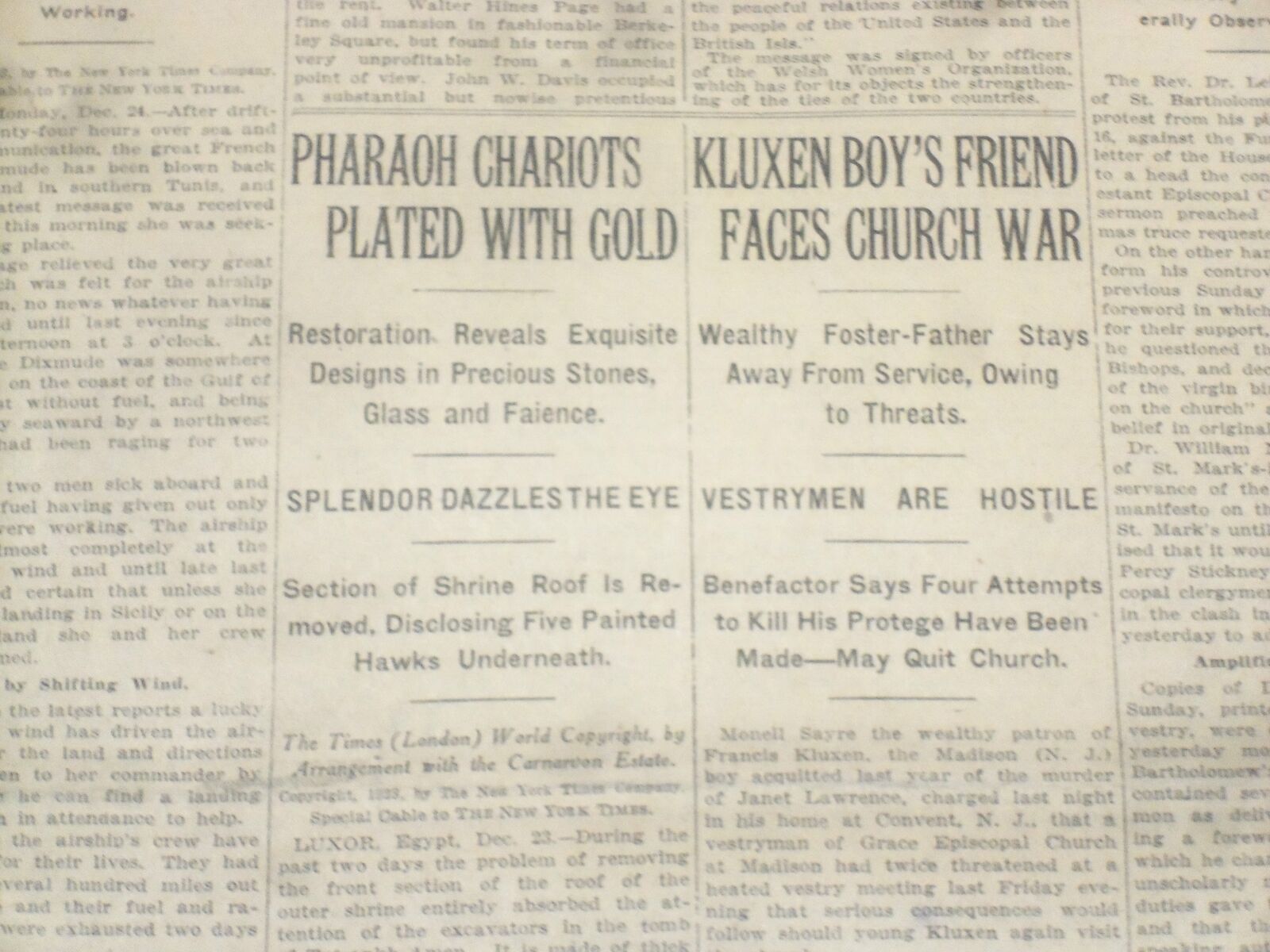 1923 DECEMBER 24 NEW YORK TIMES - PHARAOH CHARIOTS PLATED WITH GOLD - NT 9226