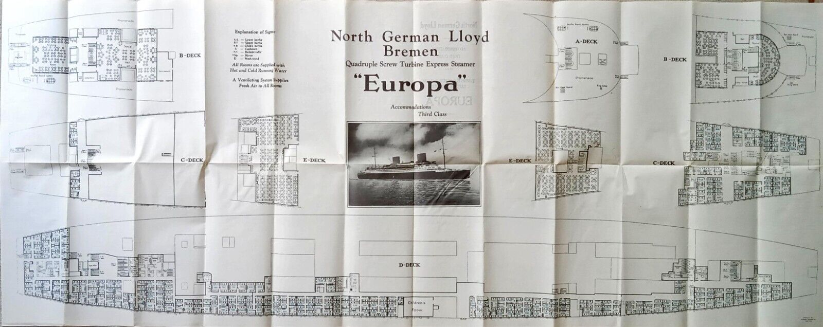 SS EUROPA North German Lloyd Line Third Class Accommodations Deck Plan 9/1934