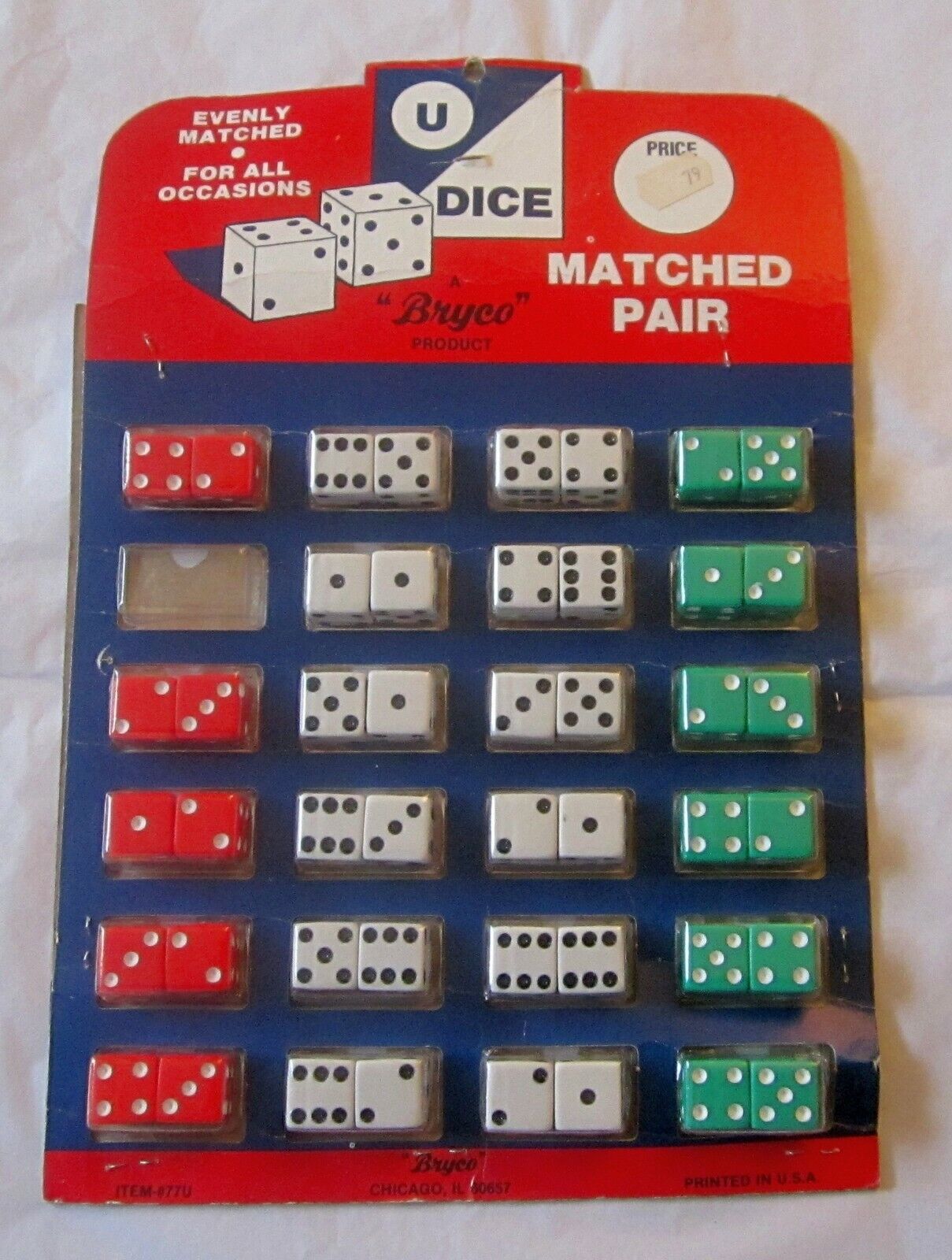 Vintage Store Display Evenly Matched Dice 23 Pairs Red Green White 1 set missing
