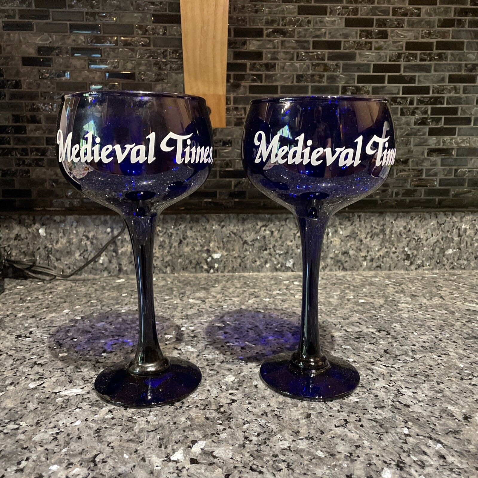 Set Of 2 Medieval Times Footed Mixed Drink Blue Goblet Souvenir Wine Glass 10”