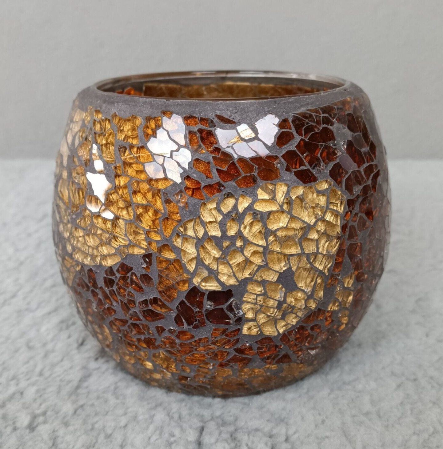 Mosaic Crackled Glass Round Candle Holder Brown Gold