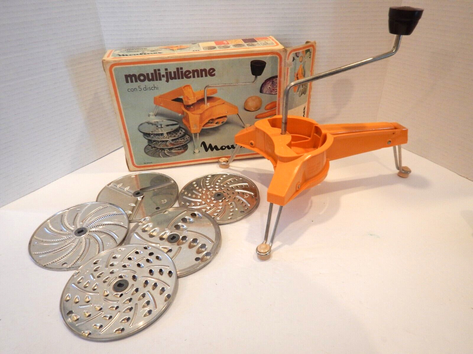 Vintage Moulinex 445 Mouli-Julienne Vintage Food Shredder Slicer Orange Complete