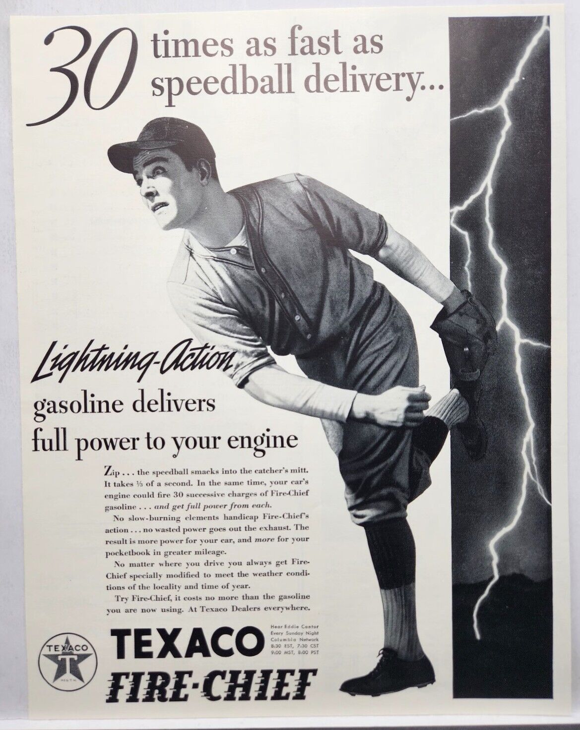 1937 Texaco Gasoline Baseball Pitcher Vintage Print Ad Man Cave Poster Art 30\'s