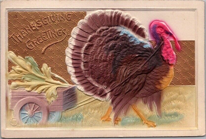 c1910s Embossed THANKSGIVING Postcard Air-Brushed Turkey Pulling Produce Cart