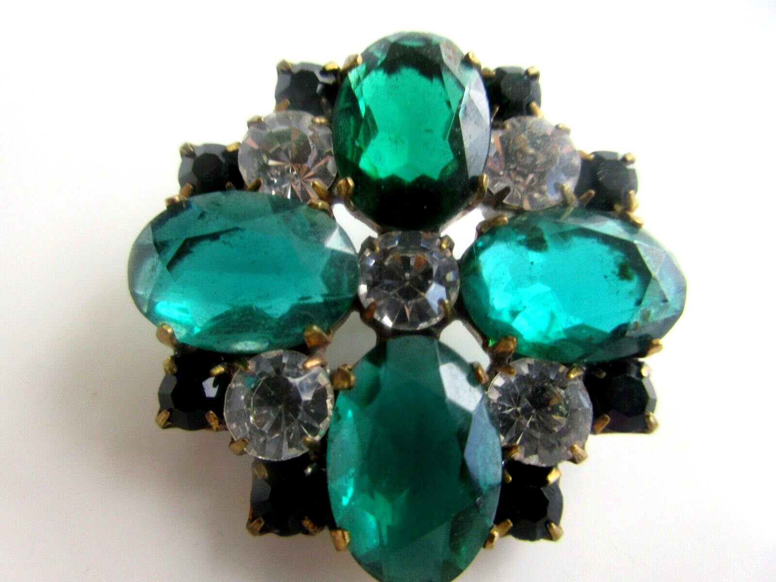 Outstanding Czech Vintage Style  Glass Rhinestone Button Crystal & Emerald Green