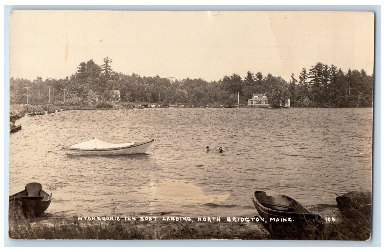 c1940\'s Wyonegonic Inn Boat Landing Swimming Bridgton Maine RPPC Photo Postcard