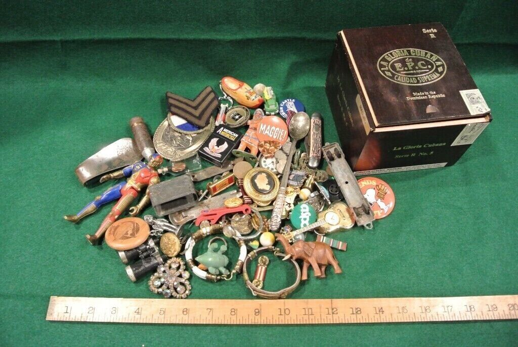 Huge Vintage Junk Drawer Lot over 3 lbs. of vintage items in Cigar box, Military