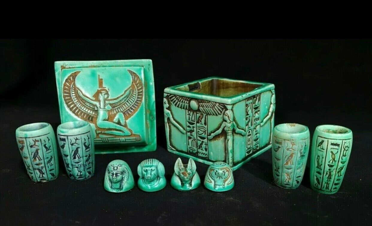 Canopic Jars Egyptian Antiquities Figures Green Box Isis With Hieroglyphics Bc