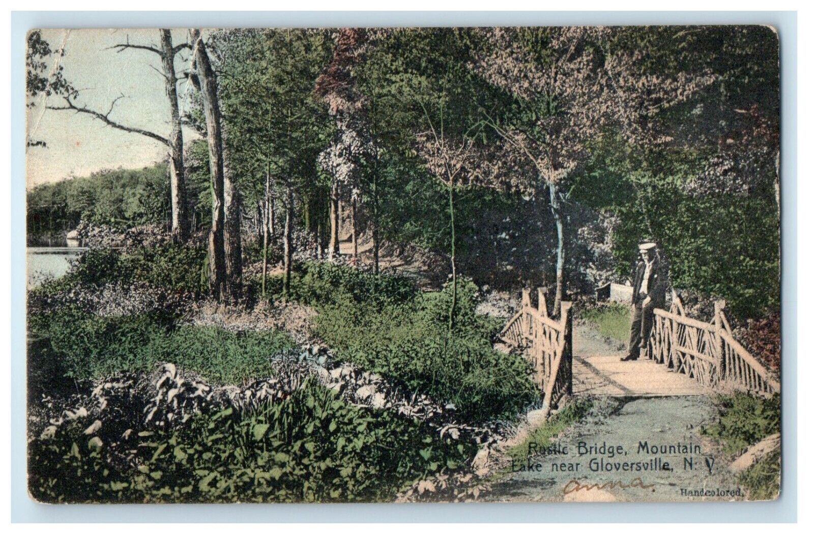 1907 Rustic Bridge Mountain Lake Near Gloversville New York NY Antique Postcard