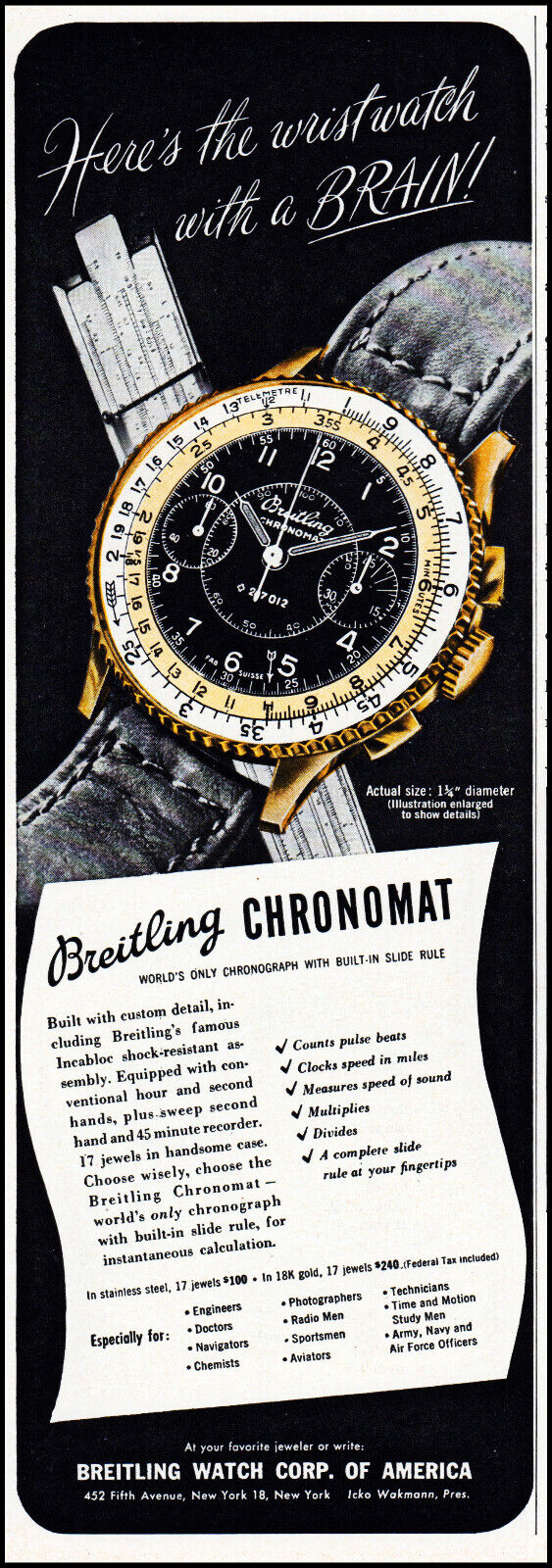 1948 Breitling Watch Corp. Breitling Chronomat watch retro photo print ad adL96