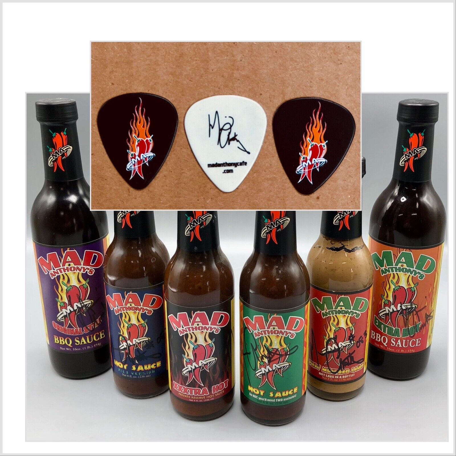 (6) Signed Mad Anthony Hot & BBQ Sauce Set Michael Anthony Van Halen + 3 PICKS