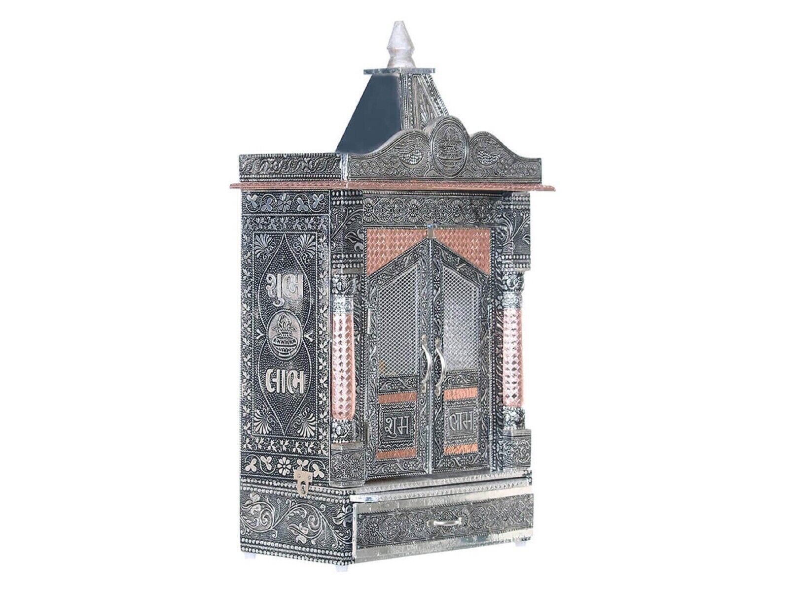 Indian Wall Mandir with Aluminum Sheet Finish Oxidized Home Temple, Pooja Temple