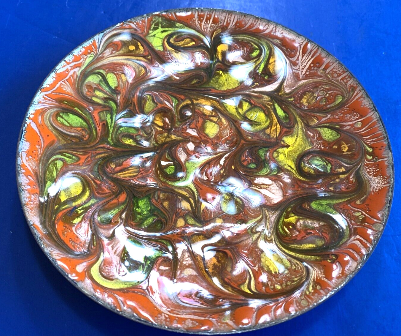 Vintage MCM Abstract Swirl Orange Yellow Green Enamel Copper Plate Signed