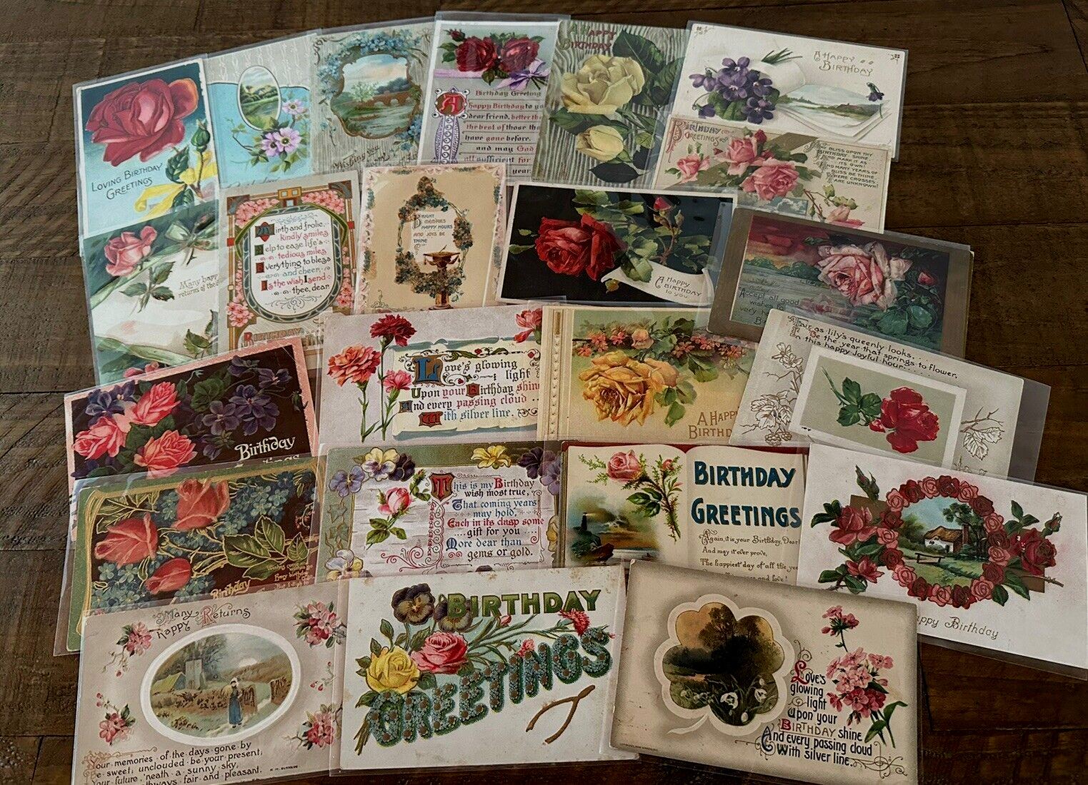 Lot of 23 Antique~ BIRTHDAY~Greetings Postcards with Roses & Flowers~k-171