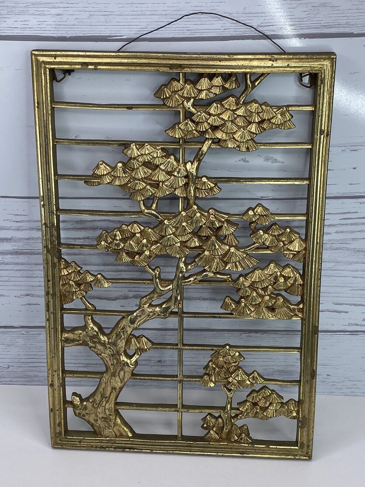 Syroco Vintage Asian Inspired Gold Floral Rectangular Wood Wall Hanging 17 X 12”