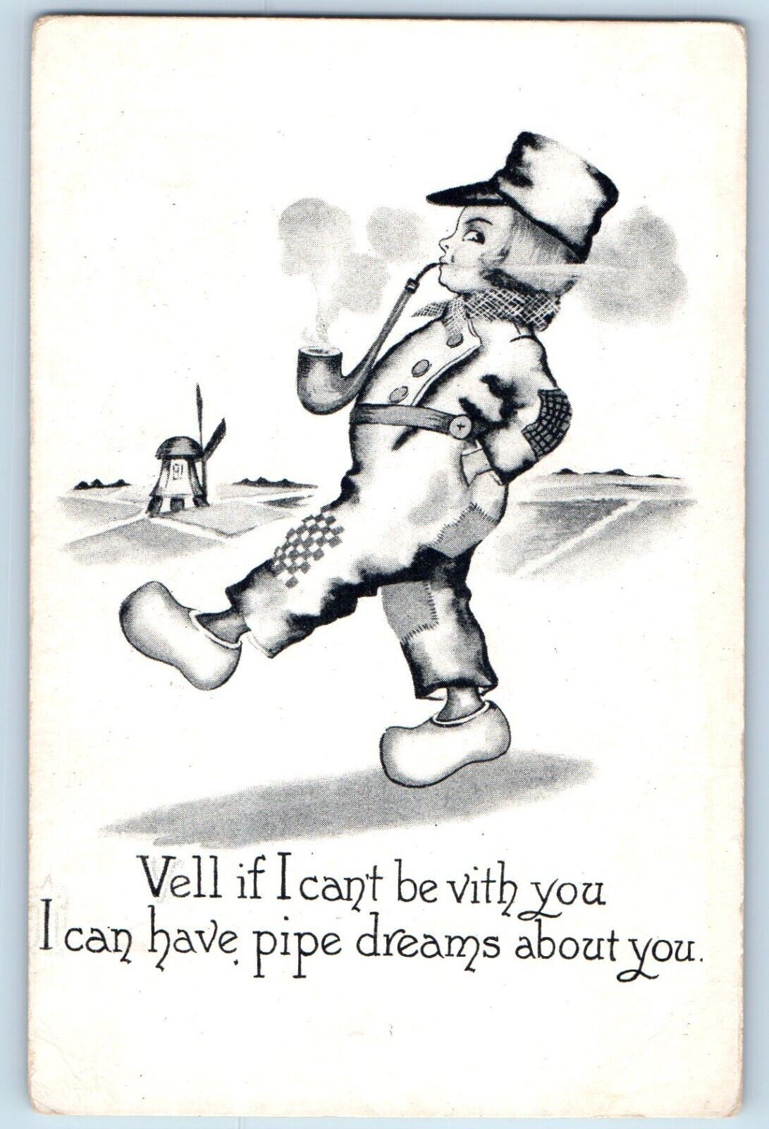 Dutch Boy Postcard Walking Smoking Pipe Windmill c1910\'s Unposted Antique
