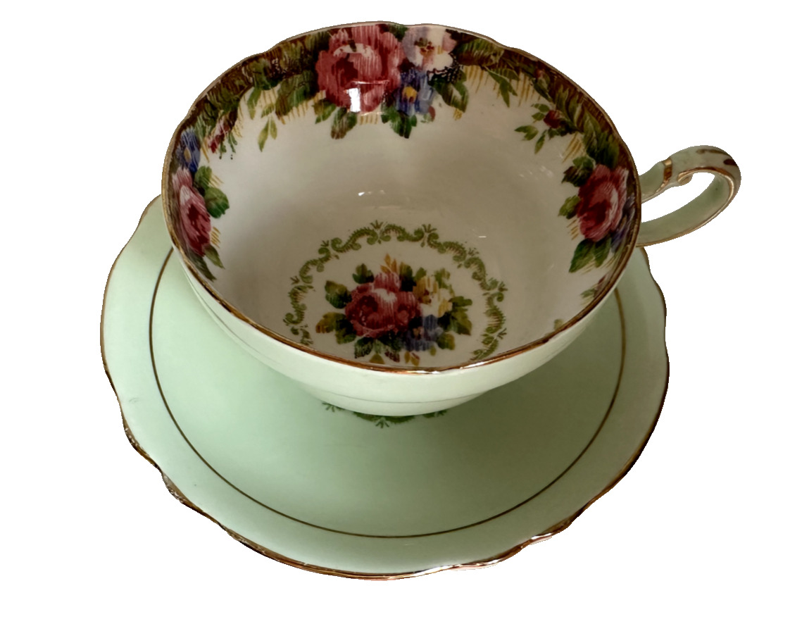 RARE Paragon England DOUBLE WARRANT Footed Teacup Saucer TAPESTRY ROSE MintGreen