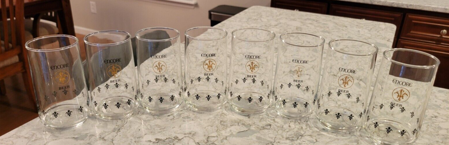 Vintage Encore Beer Glass Glasses 12 oz Gold & Black Lettering Set of 8 Barware