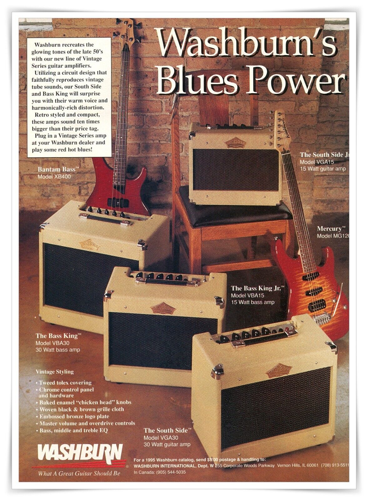 Washburn Vintage Series Guitar Amplifiers Blues Power 1995 Full-Page Magazine Ad