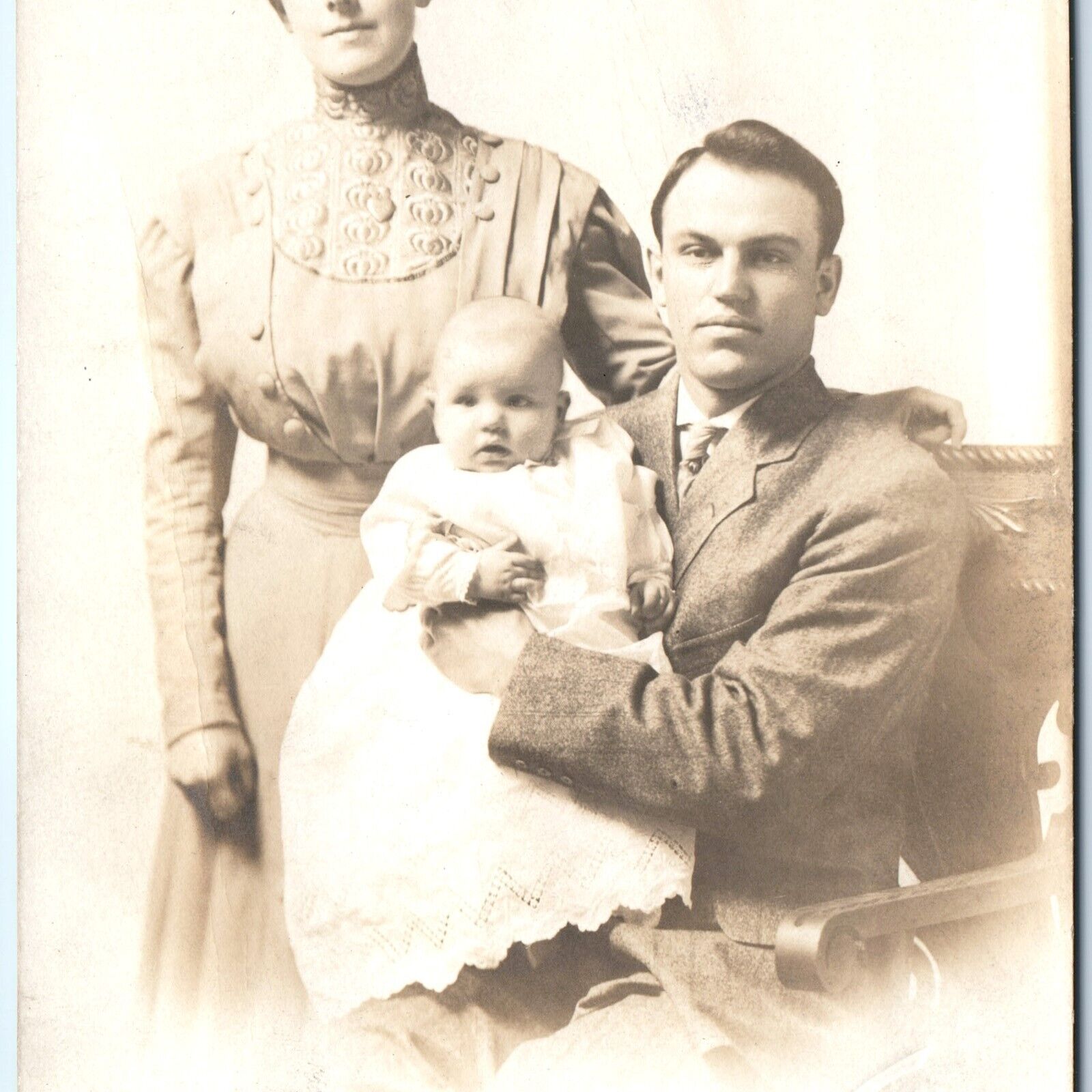 c1910s Dubuque IA Cute Young Family RPPC Odd Lady Hair Real Photo Man +Baby A159
