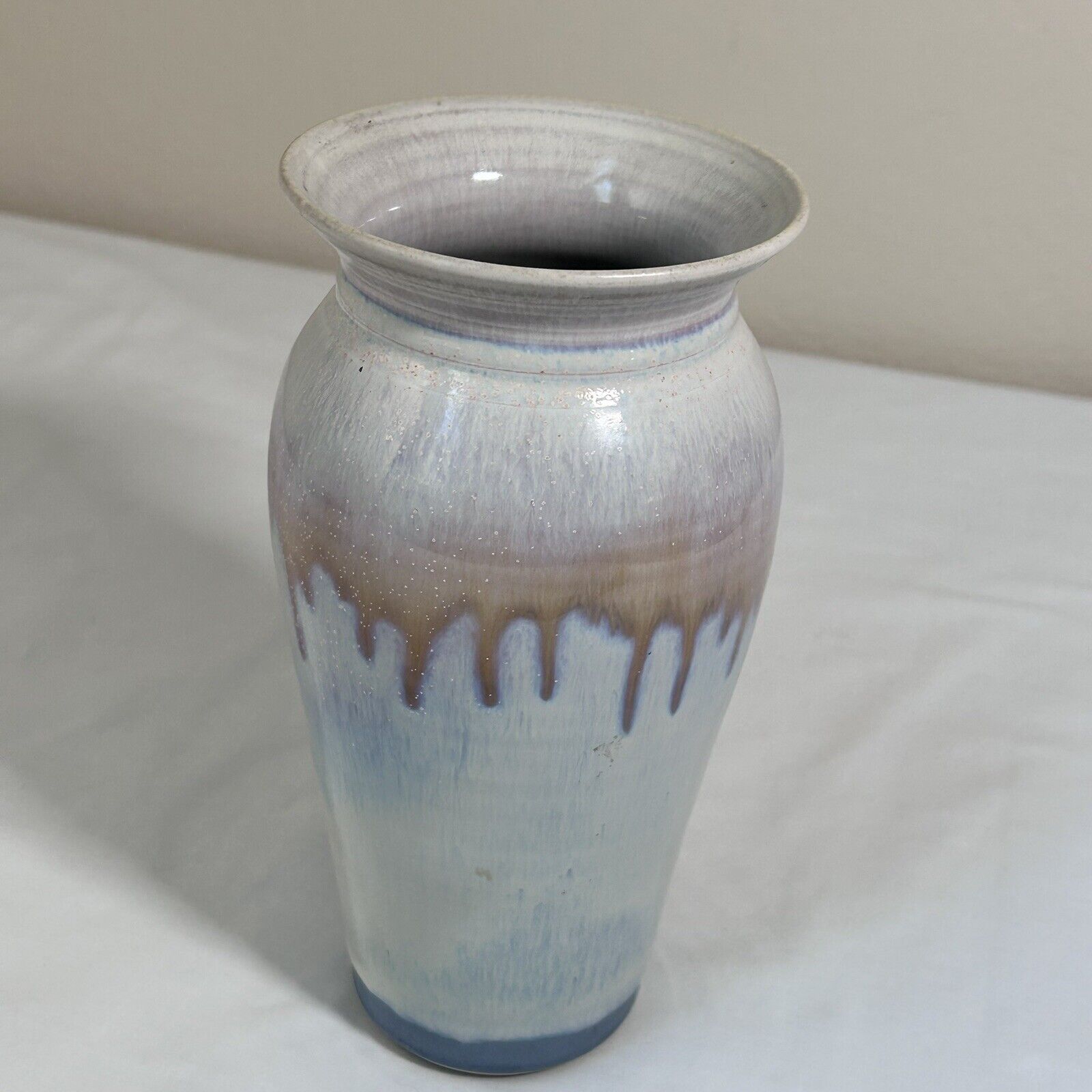 Artist Signed Studio Hand Pottery Vase with Blue/peach Drip Glaze Beautiful 9”