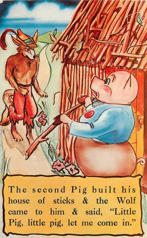 1950s 3 little Pigs Big Bad Wolf Nursery Rhyme Dexter Postcard 22-6074