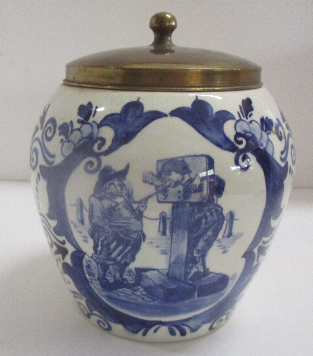 Vintage Old Dutch Tobacco Jar Delft Blue & White  VAN ROSSEM\'s TOEBACK ANNO 1750