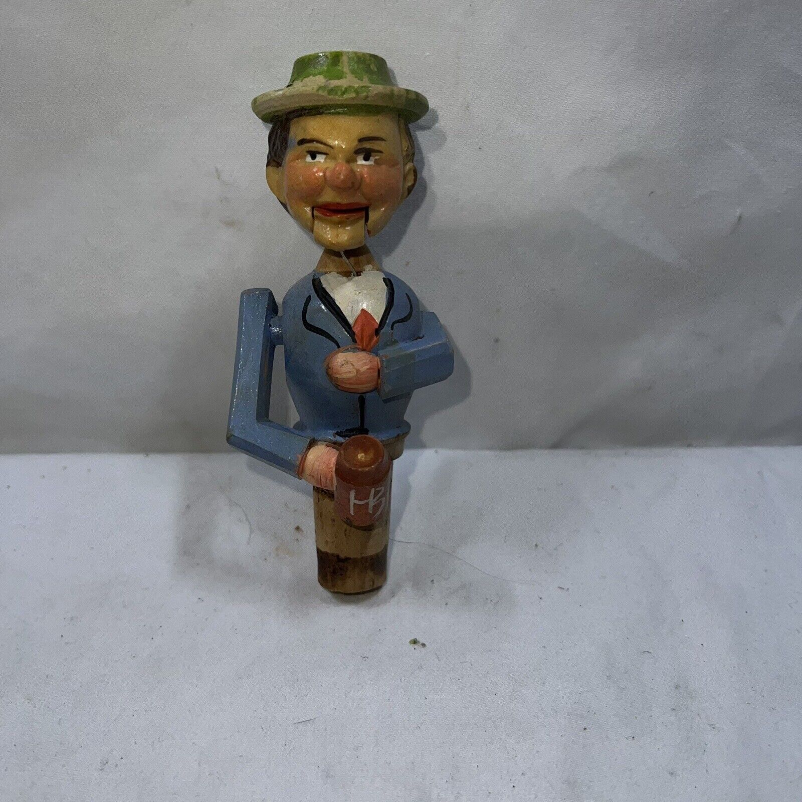 Vintage Wood bottle Cork Stopper  Man  Drinking Beer Mechanical Moves