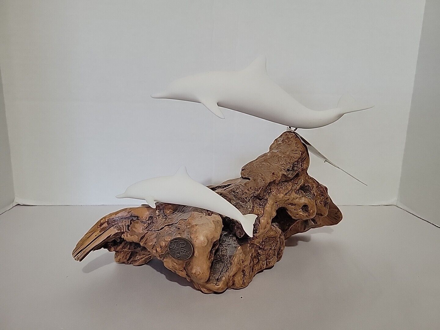 Vintage John Perry 2 White Dolphins On Burl Wood Sculpture