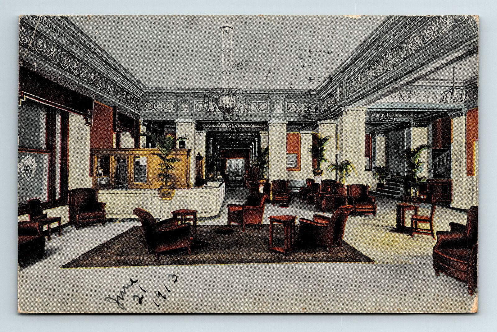 c1913 DB Postcard Detroit Michigan Office and Lobby Hotel Pontchartrain