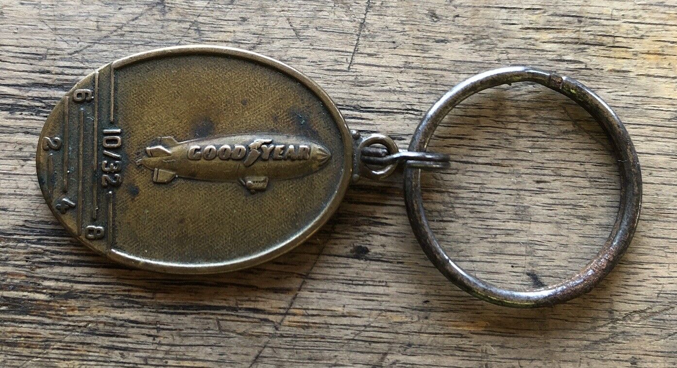 Vintage Goodyear Tire & Rubber Blimp Brass Numbered Keychain Cleveland, Ohio