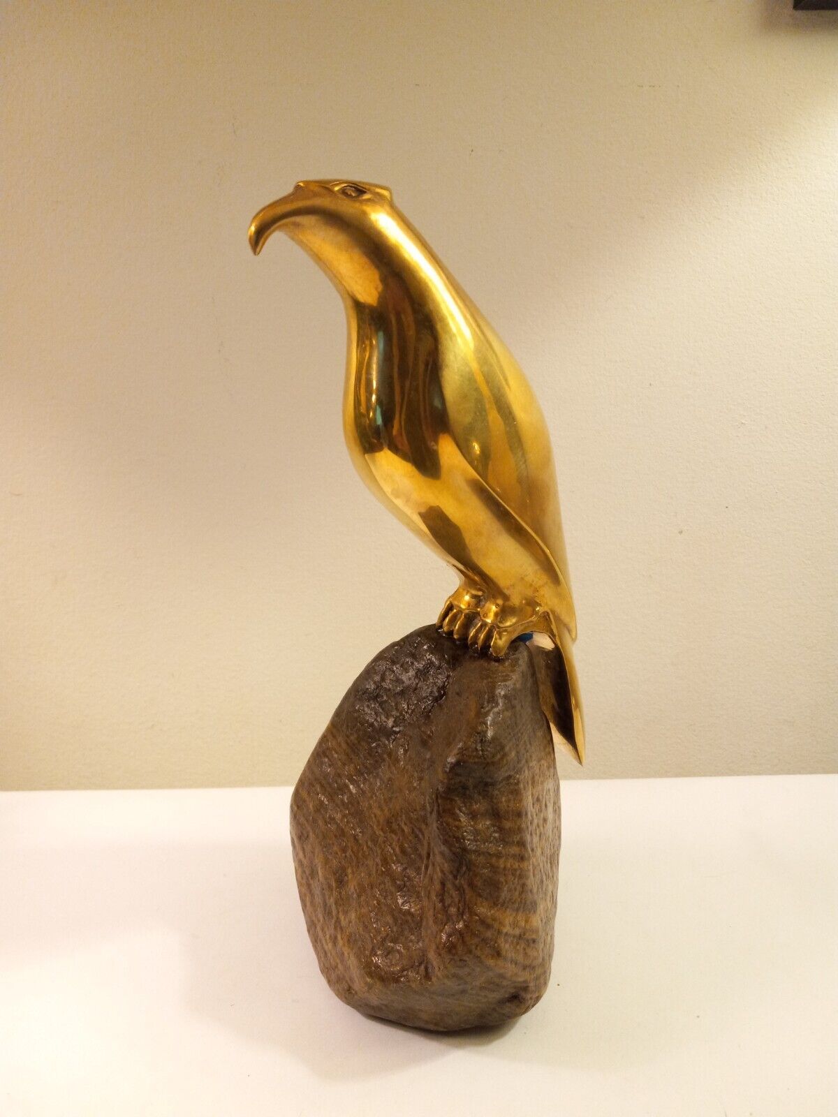 Sarried Brass Falcon Pirched On Rock, Made In Spain. Mid Century