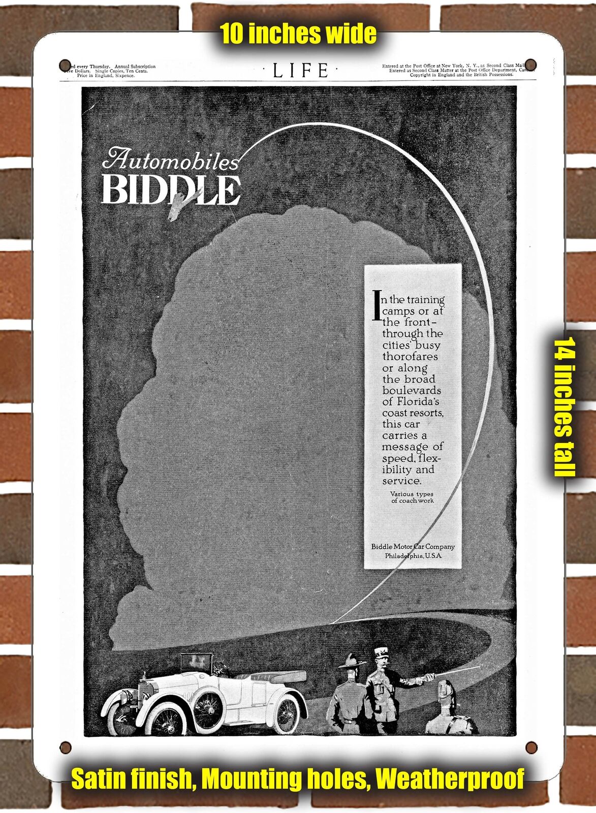 Metal Sign - 1918 Biddle 4-Passenger Roadster- 10x14 inches