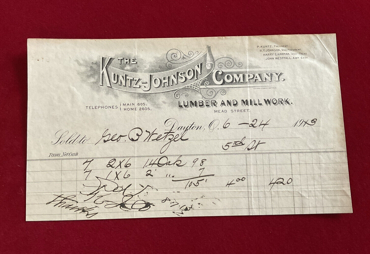 The Kunitz-Johnson Lumber & Millwork Letter Head Bill Letterhead 1913 Dayton OH