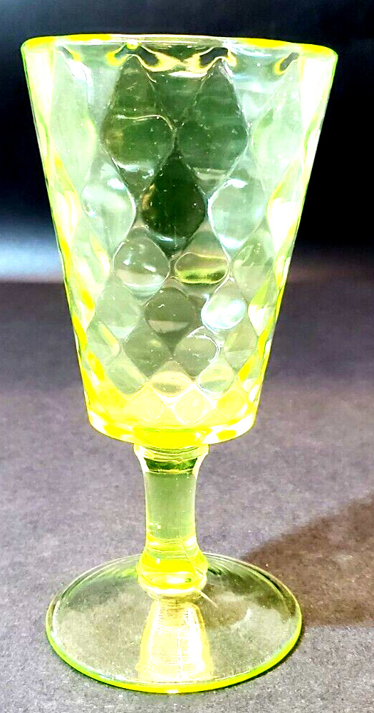 Bryce Brothers Diamond Quilt~ EAPG Goblet 19th Century Yellow Uranium Glass