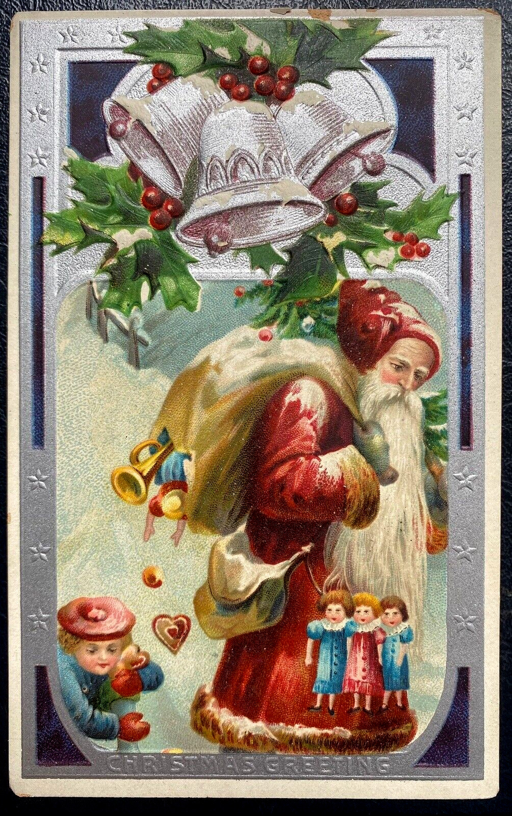 Child with Santa Claus~Toys~Bells~Rare Antique German Christmas Postcard~k350