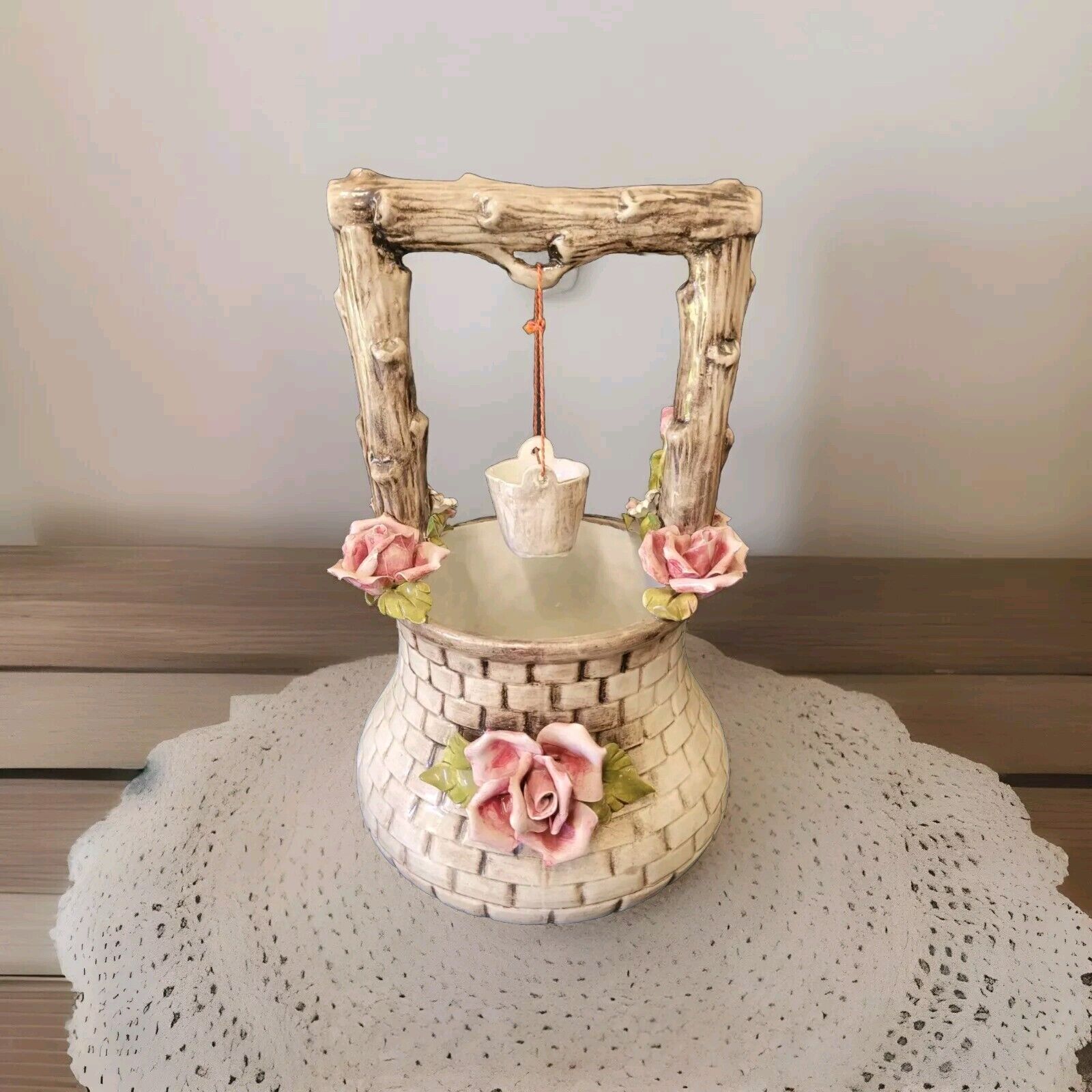 Nuova Capodimonte Porcelain Wishing Well” w/Bucket Pink Floral- Italy 13.5 in