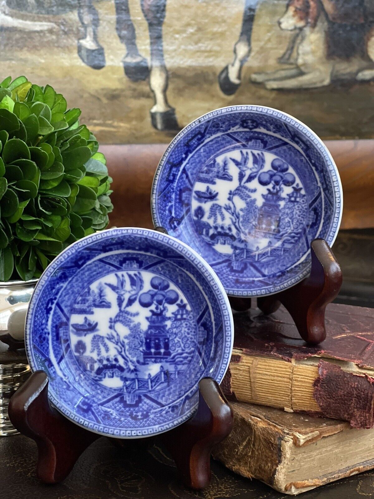 Adorable Miniature Buffalo Blue Willow Chinoiserie Canapé Butter Plate Pair 2.8”