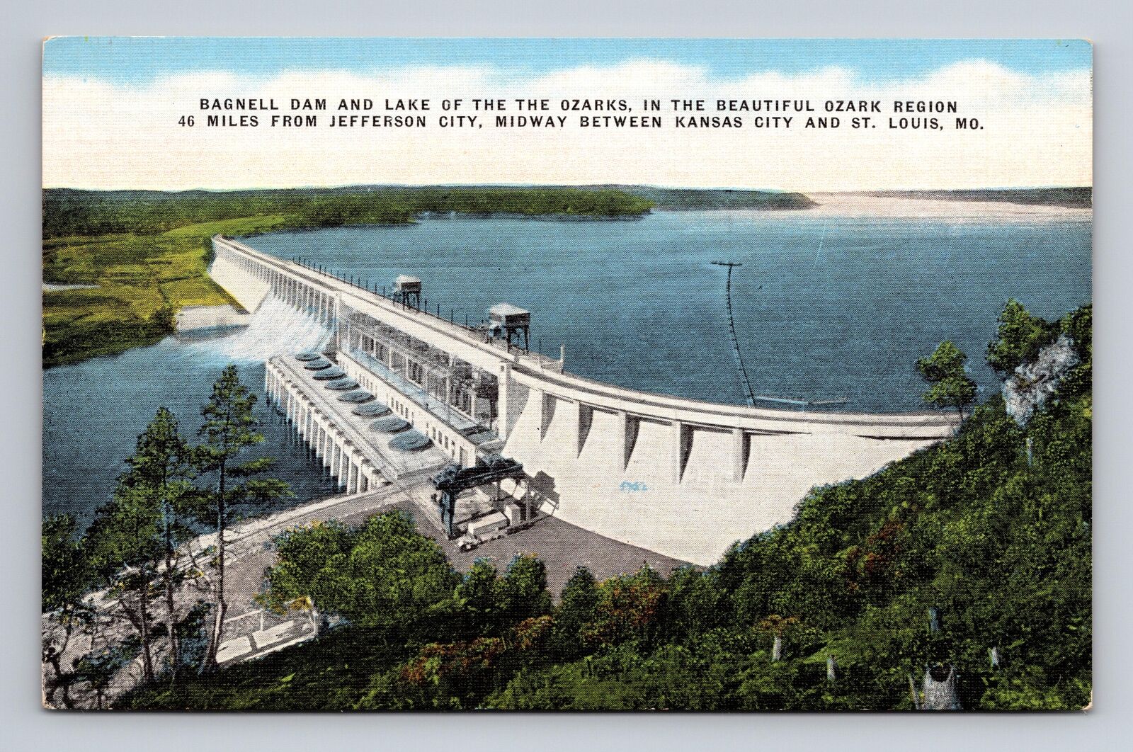c1957 Linen Postcard Lake of the Ozarks MO Missouri Bagnell Dam