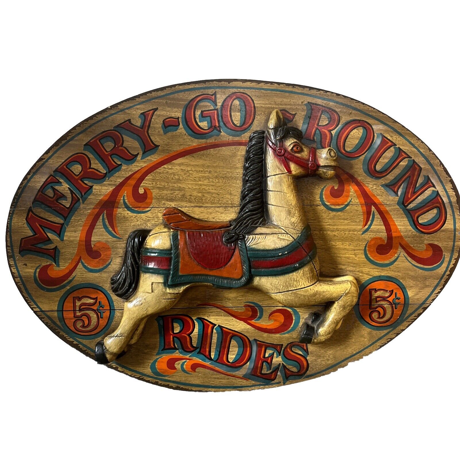 VTG MERRY GO ROUND RIDES 5 CENTS WOOD 3D HORSE CIRCUS SIGN 29” X 21” 5 Cents